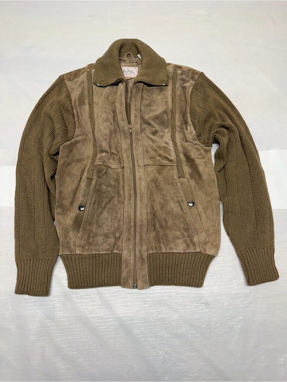 Men's Brown Leather & Knit Zip-Up Jacket - Classic Casual